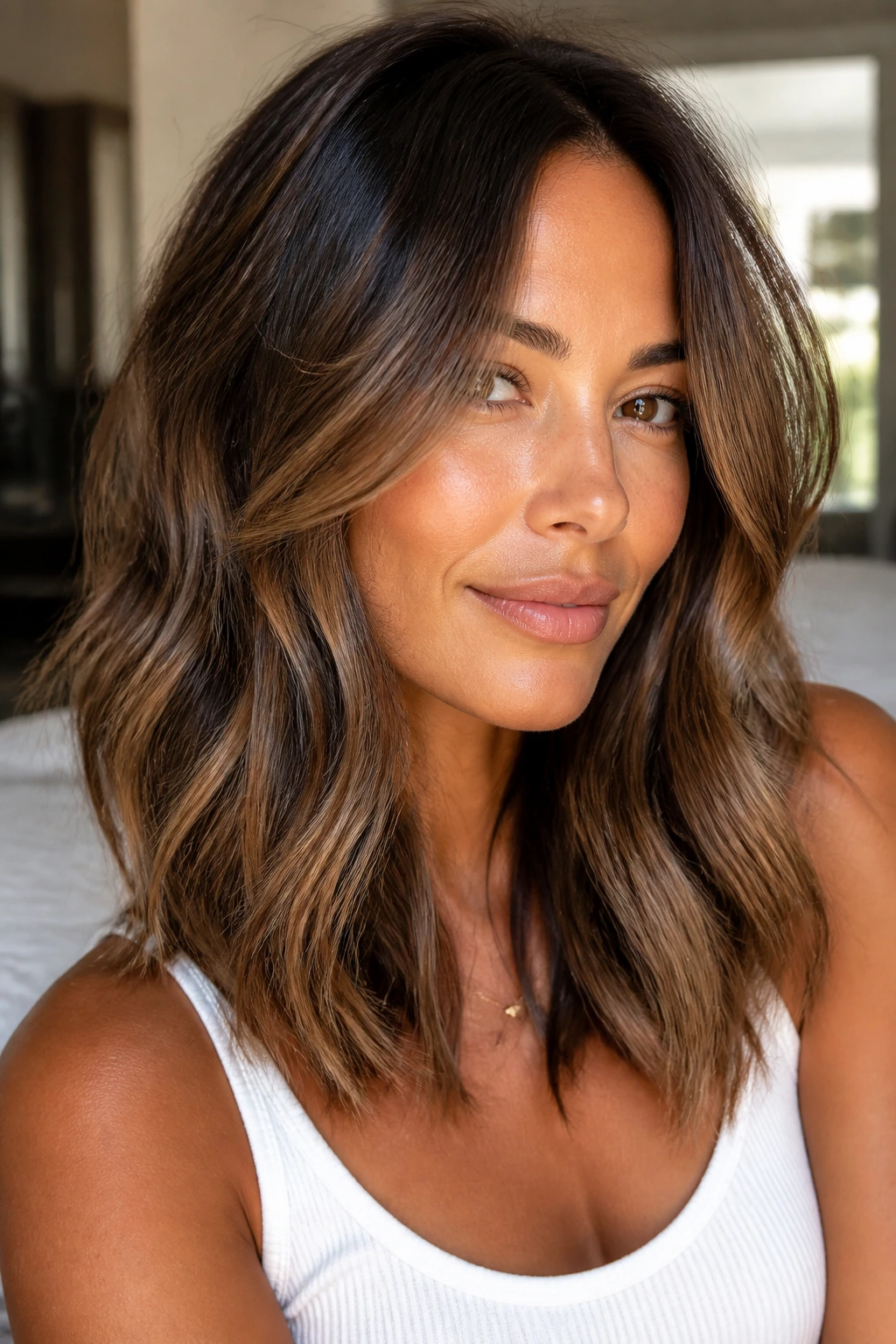Balanced glow with warm highlights and depth on tan skin