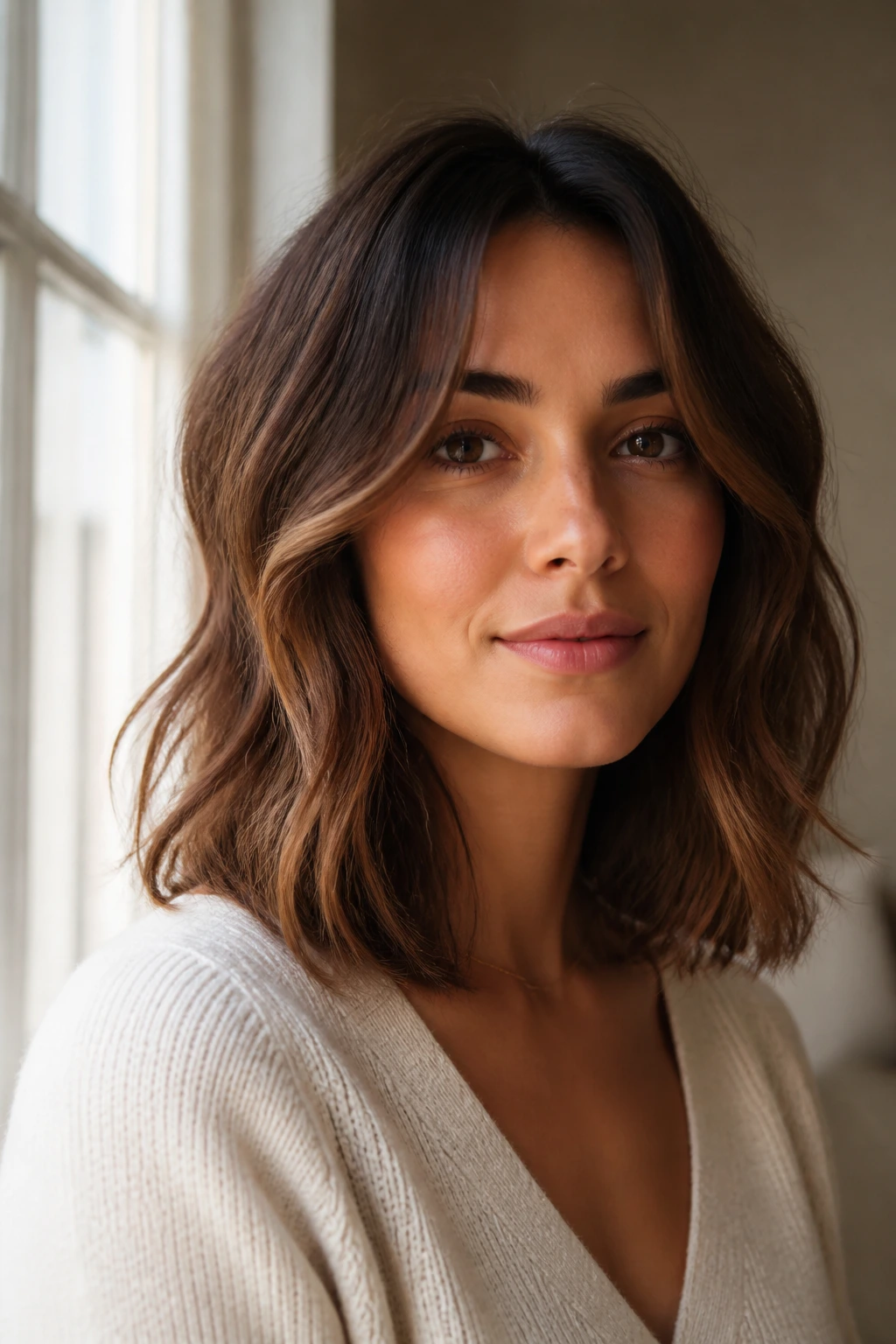 Close-up of a real woman with a collarbone-length balanced wavy haircut
