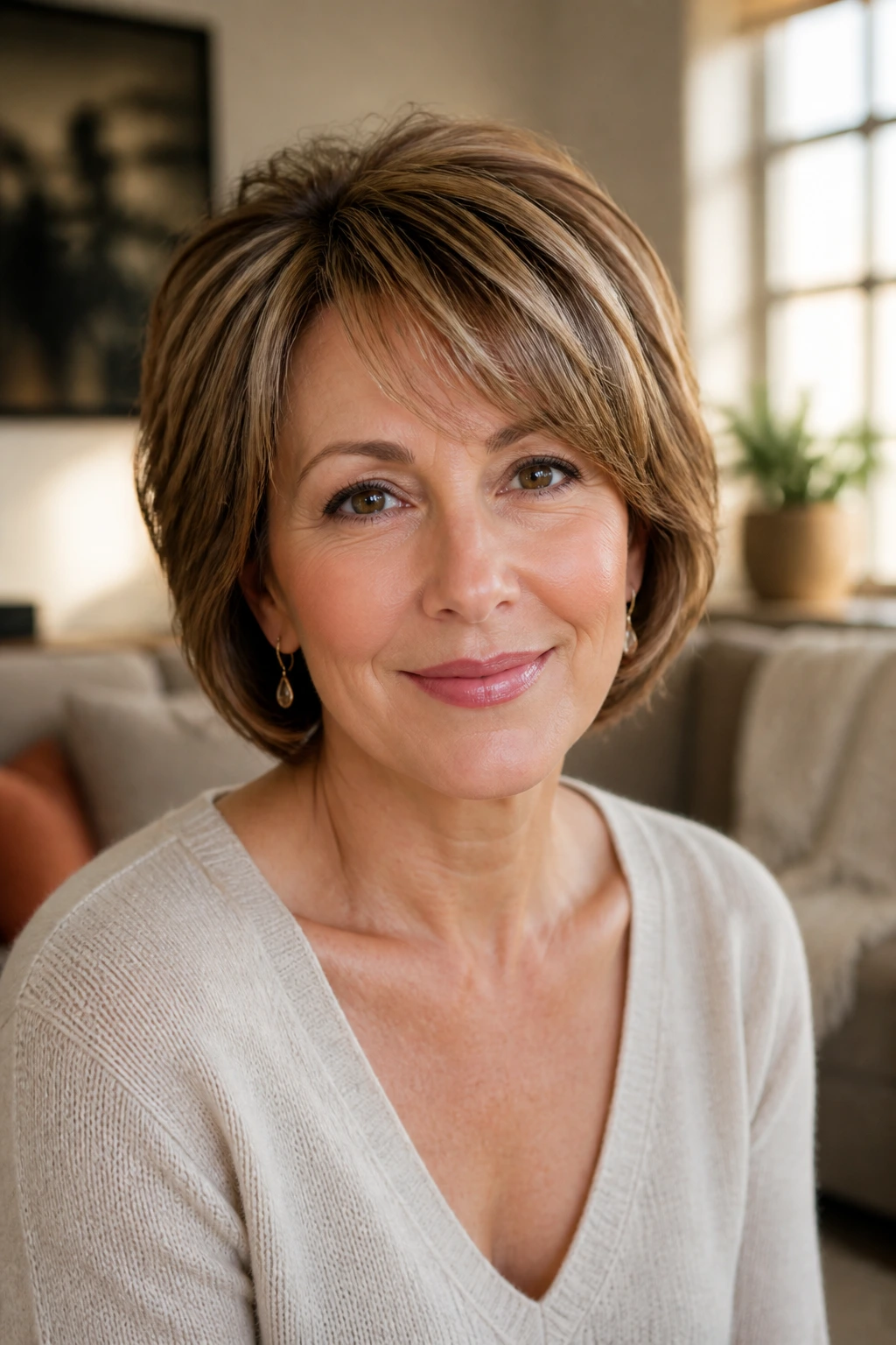Close-up portrait of a woman with a balanced face-framing haircut in warm light