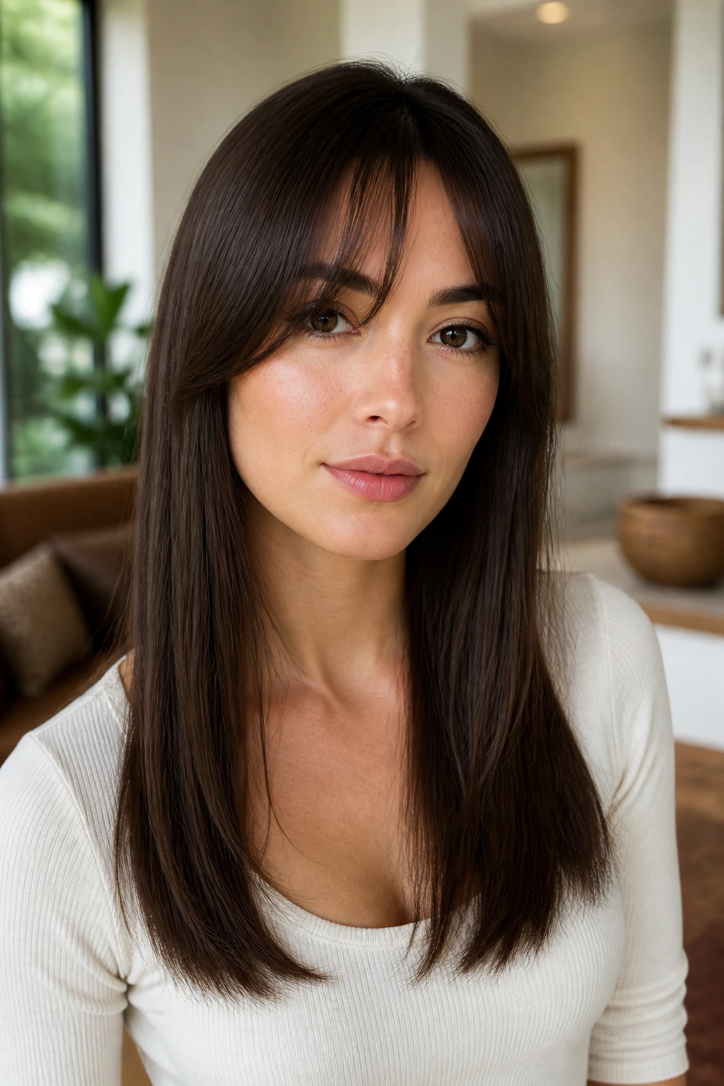 Portrait of a real woman with a balanced straight hairstyle showing soft forehead framing and confident jawline