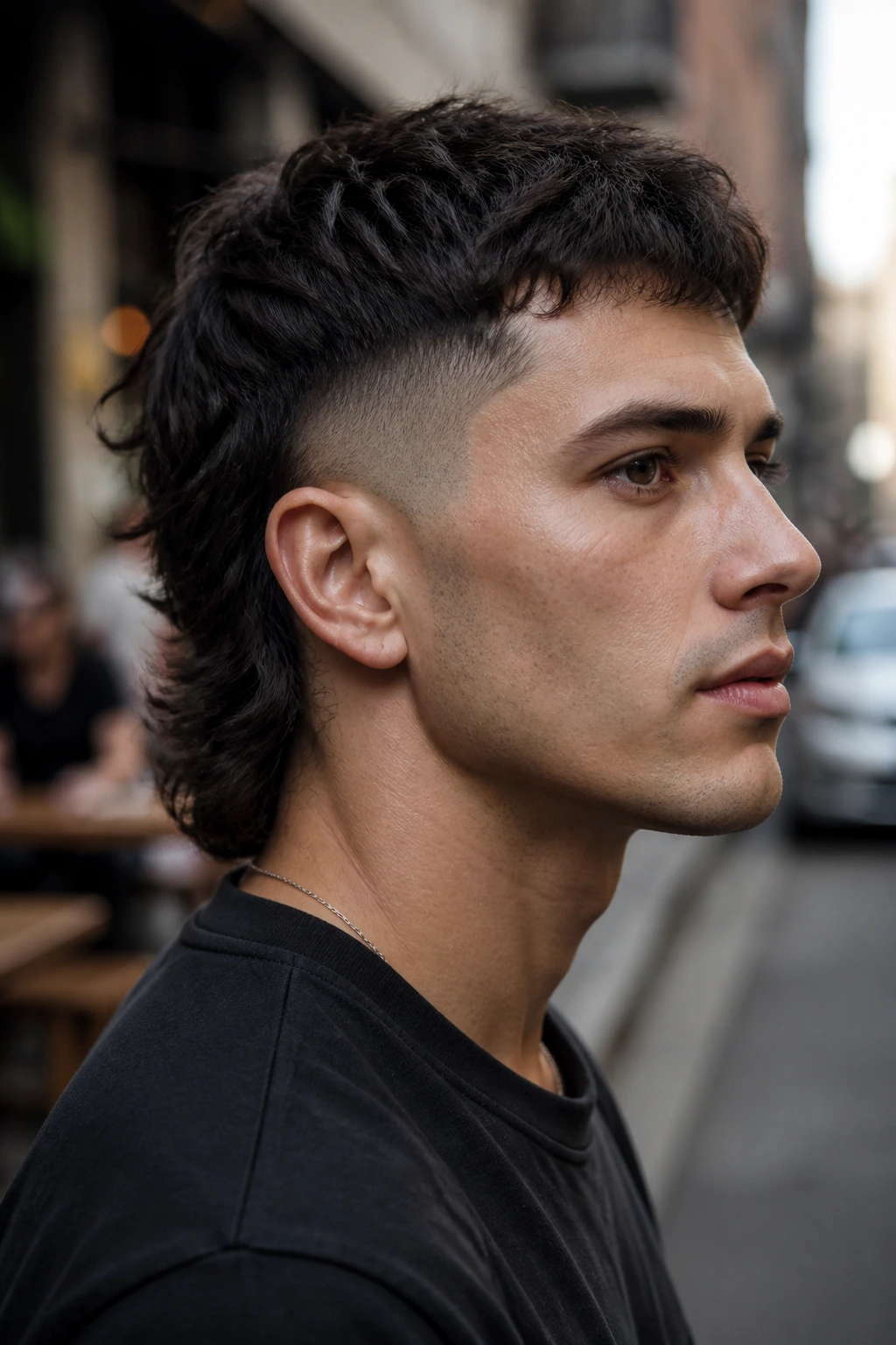 Portrait of a man with a balanced mullet showing a tight fade and longer back outdoors