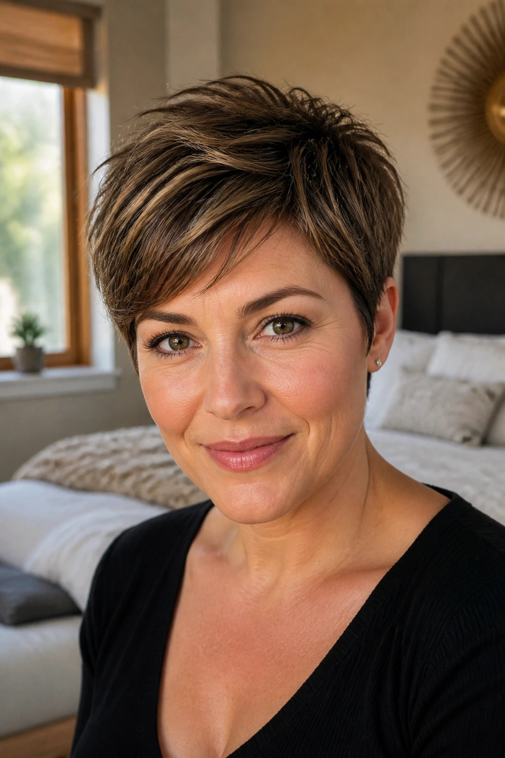 Close-up portrait of a real woman with a balanced rounded pixie silhouette