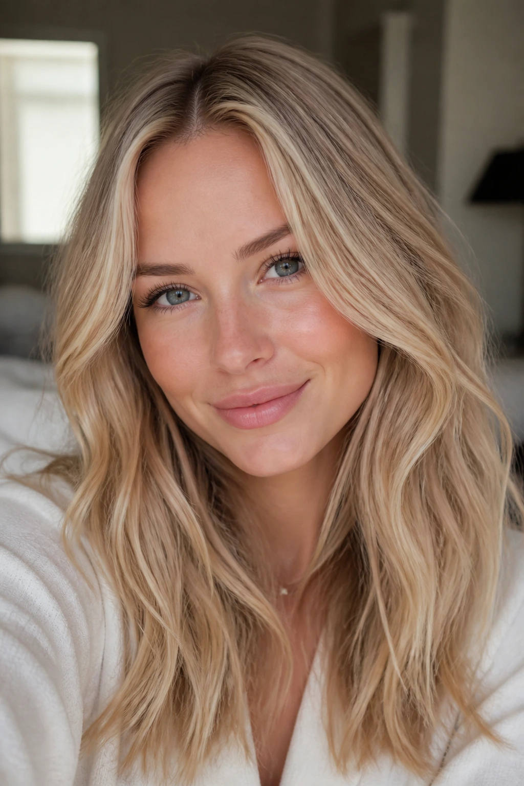 Close-up of a woman with balanced champagne blonde shade
