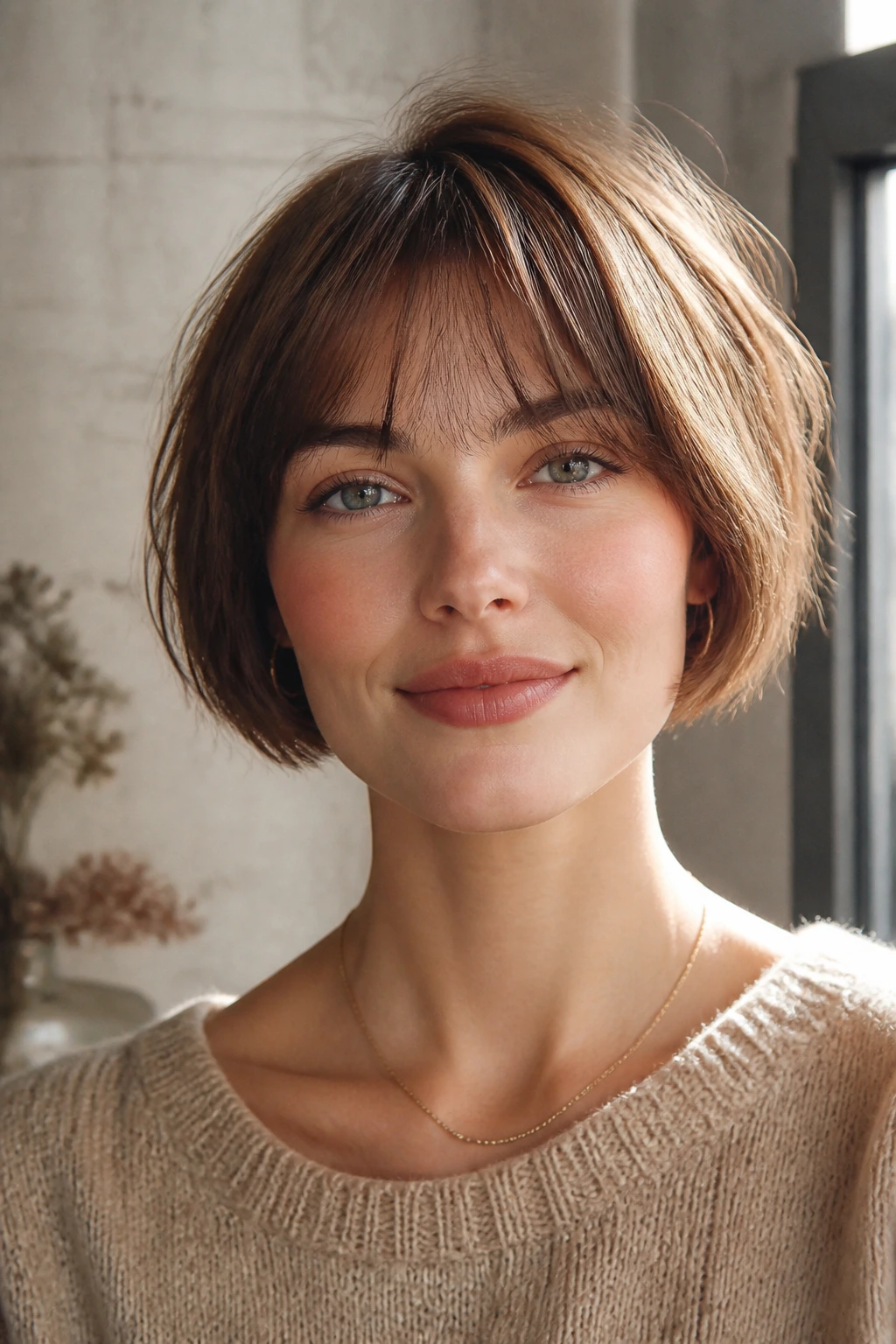 Portrait of a person with a balanced short layered bob on a heart-shaped face in natural light.
