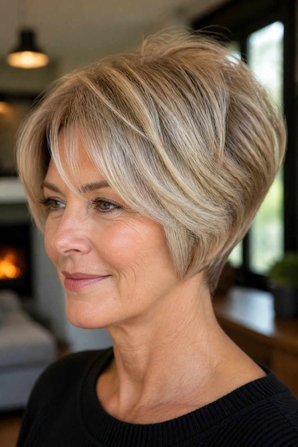 Close-up of real woman with balanced wedge haircut in a bright setting