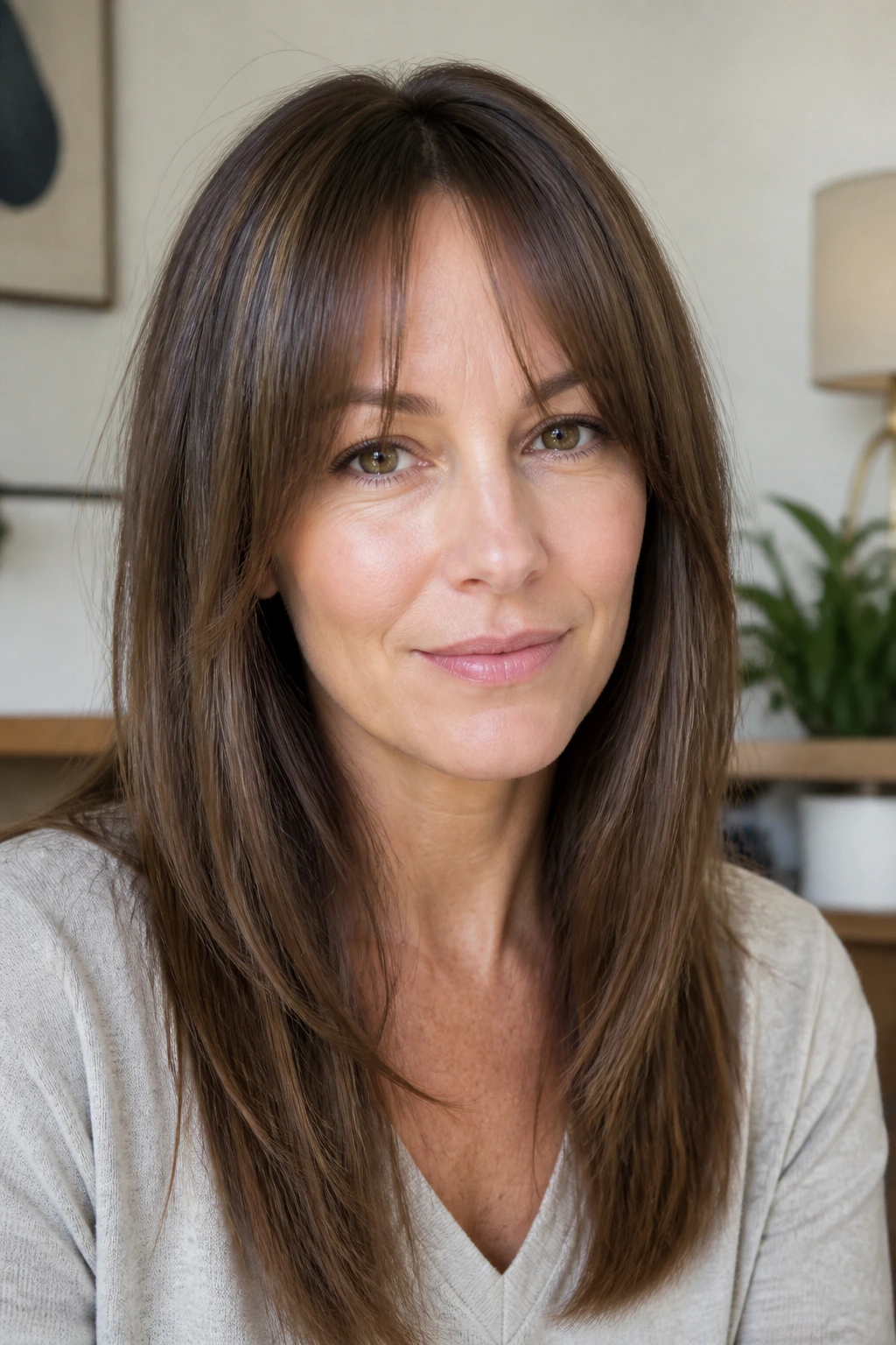 Portrait of a real woman with a balancing fringe for a high forehead
