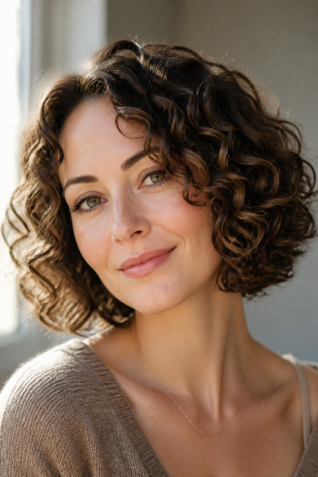Close-up of a real woman with balanced curly bob on heart-shaped face