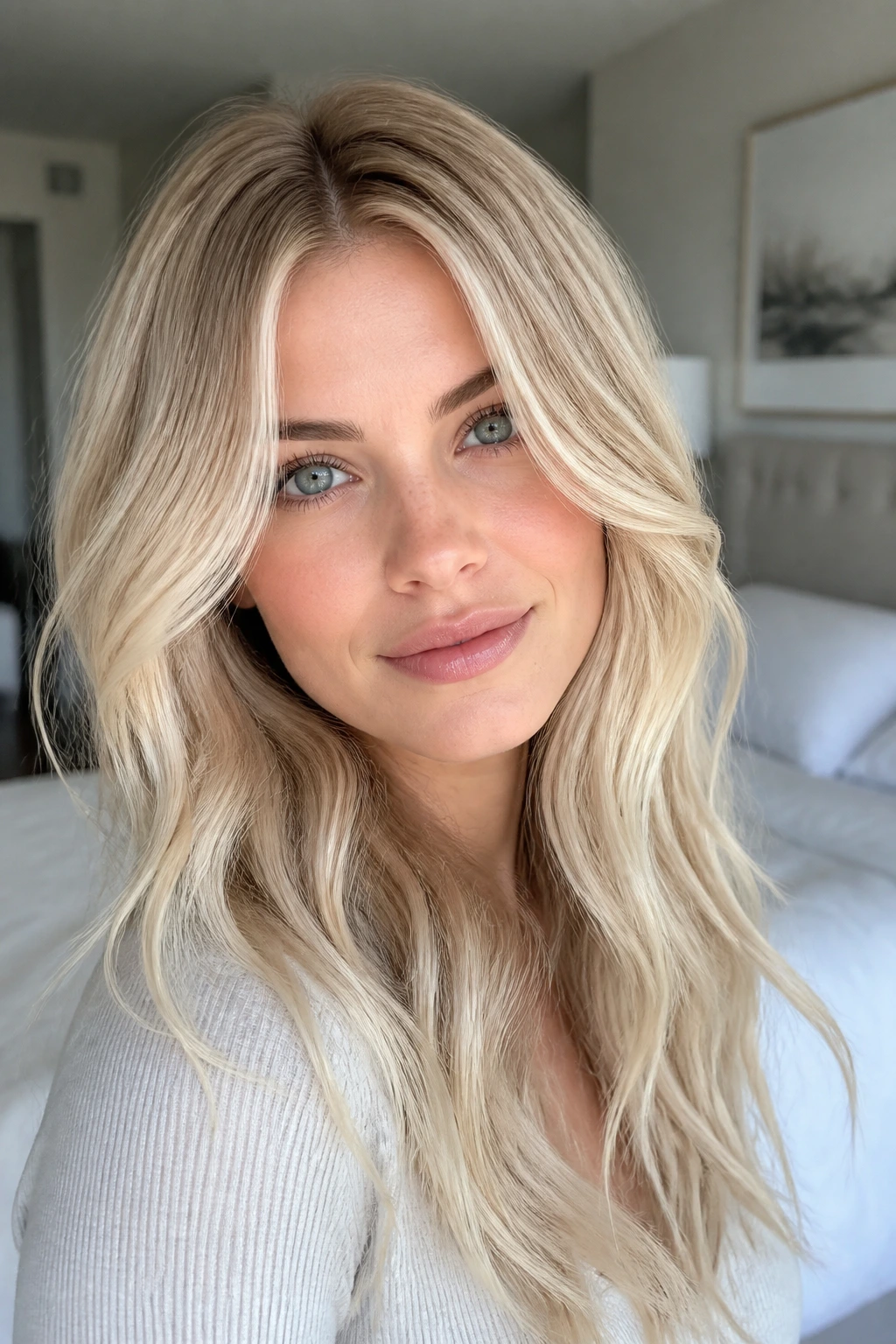 Portrait of a real woman with almond milk blonde balayage.