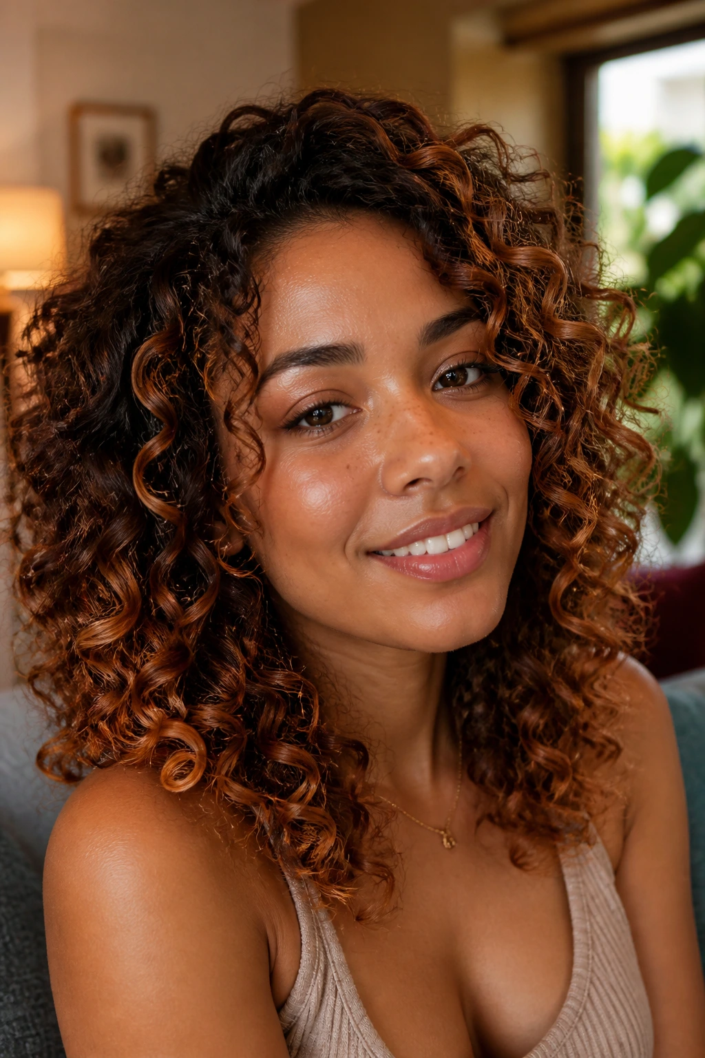 Close-up of curly hair with apricot auburn balayage around the face