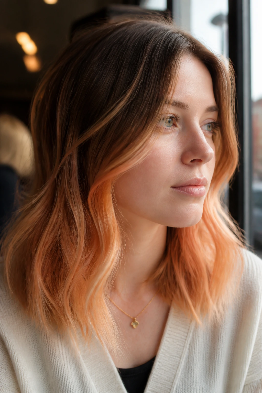 Portrait of woman with apricot glow ends balayage