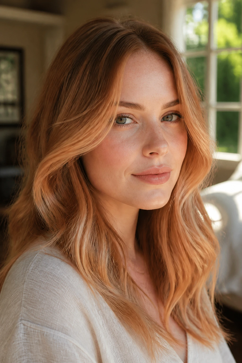 Close-up portrait of a real woman with soft apricot balayage highlighting cheekbones.