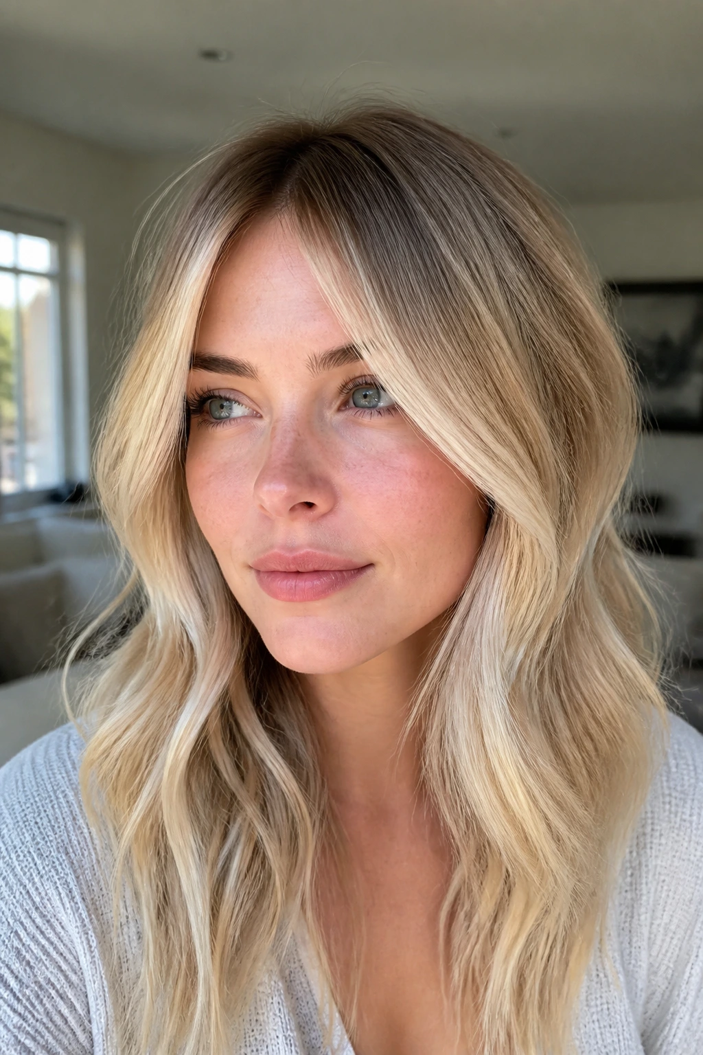 Close-up of a real woman with face-framing balayage placement