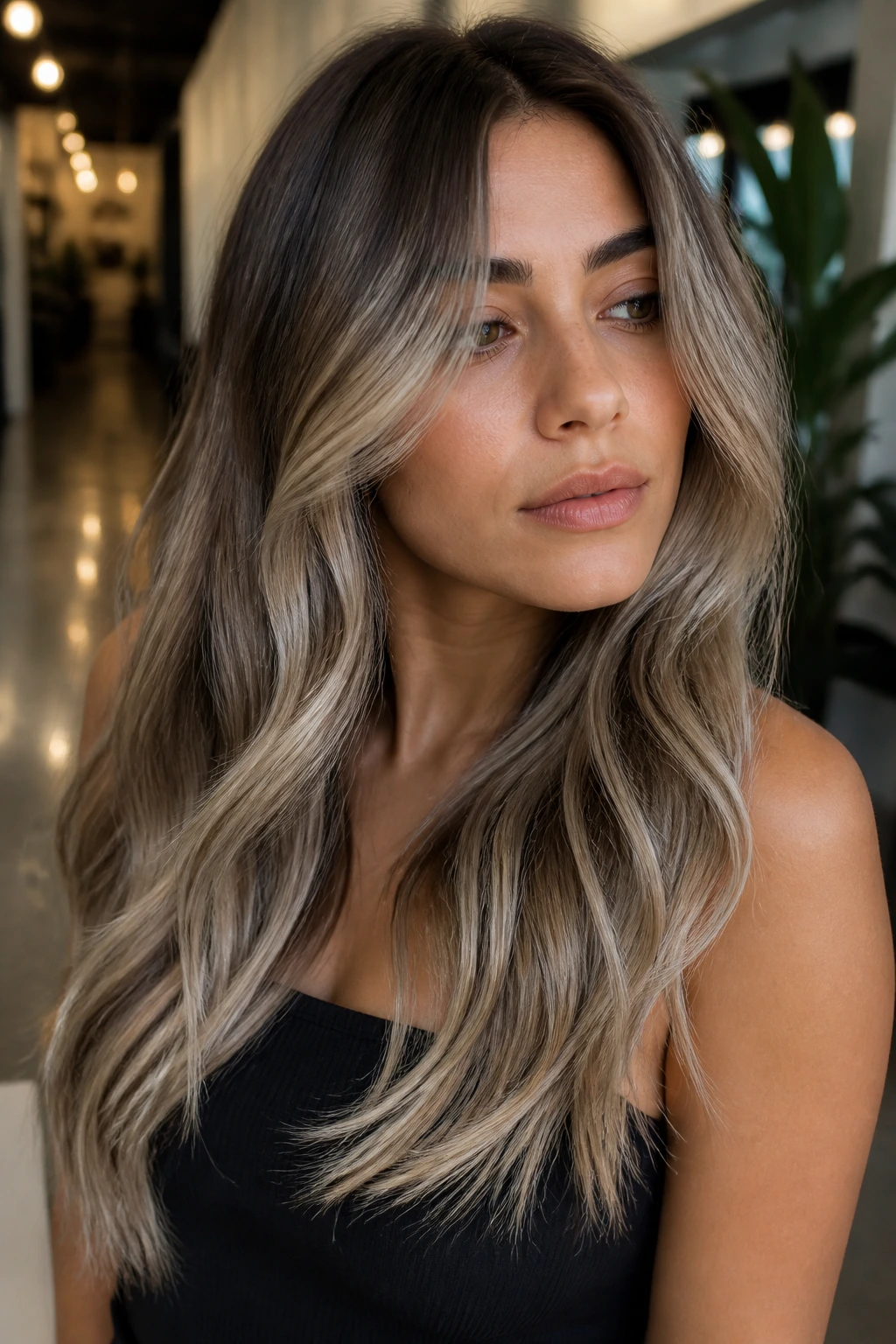 Long hair with butter-shadow ash balayage on olive skin