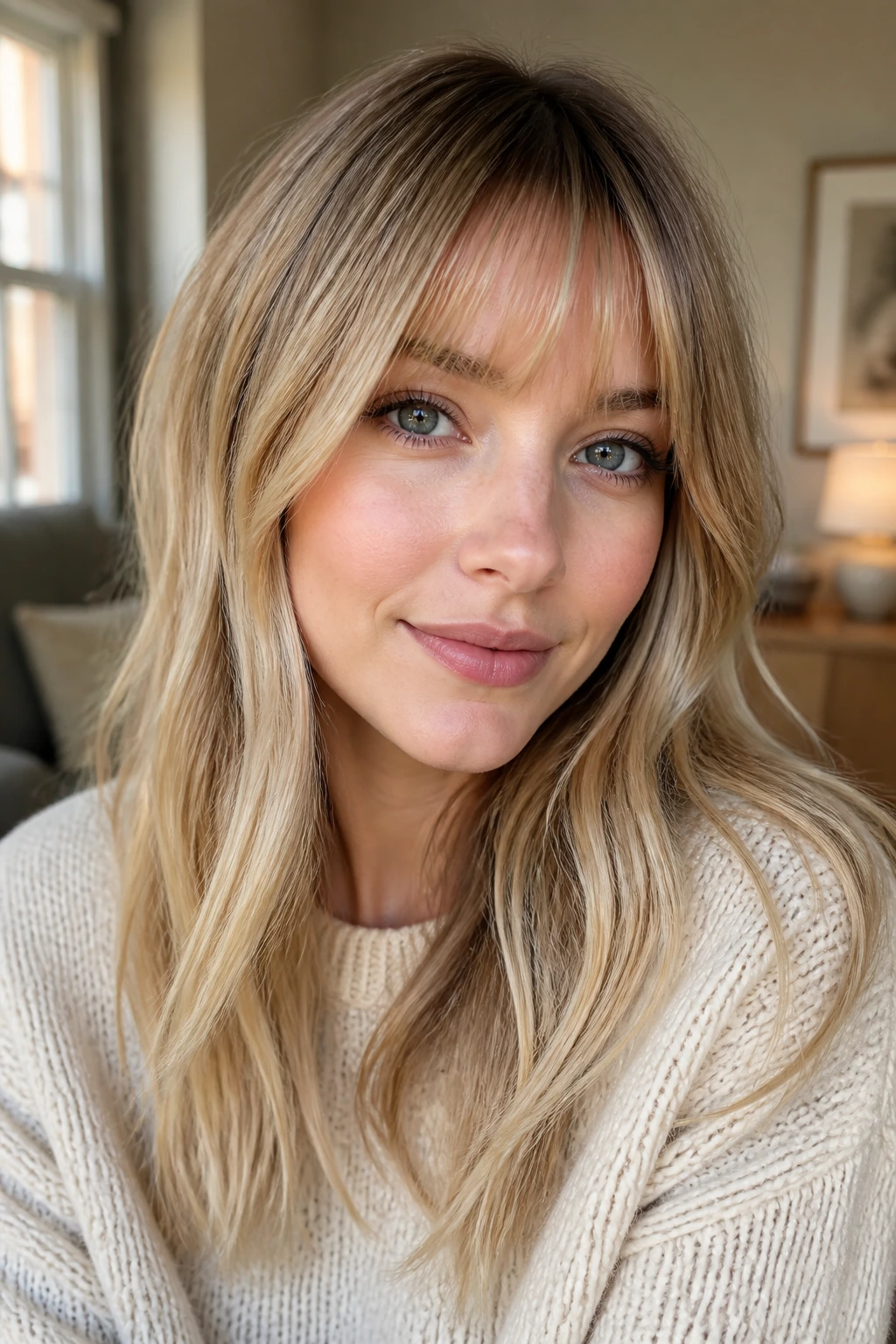 Portrait of a real woman with blonde balayage and bangs on fair skin
