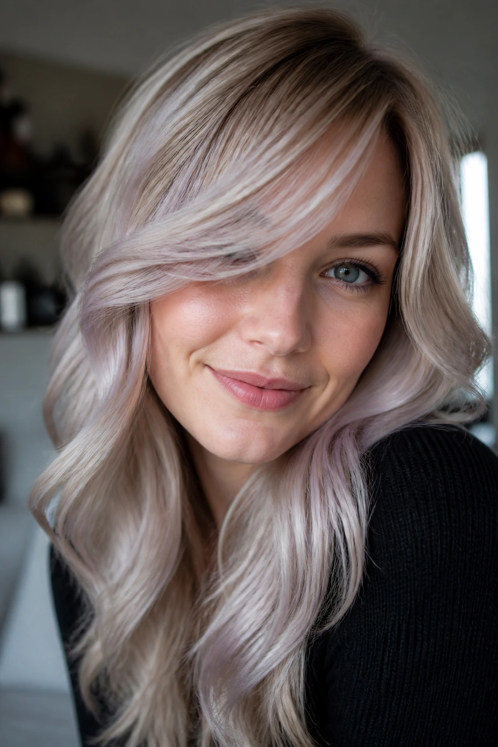 Close-up of a real woman with cool champagne balayage and side-swept bangs