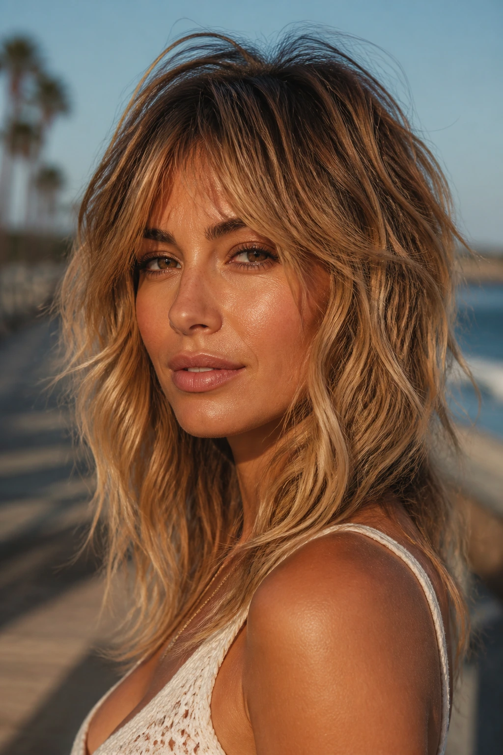 Close-up of a real woman with beachy shag and shadow root balayage on tan skin