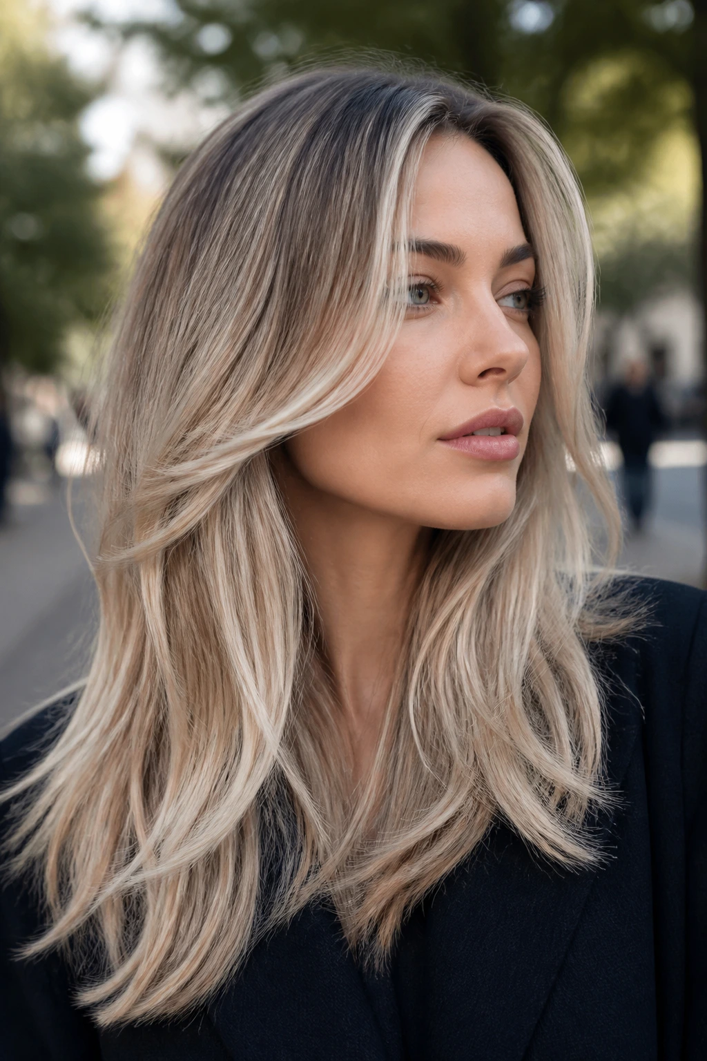Close up of a real woman with cool beige balayage and airy layers under soft daylight