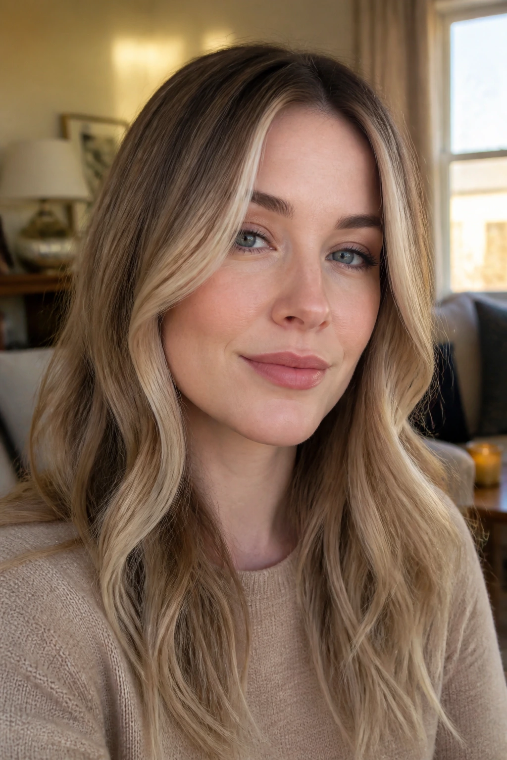 Portrait of a woman with beige-ash balayage showing adaptable look in a cozy home setting