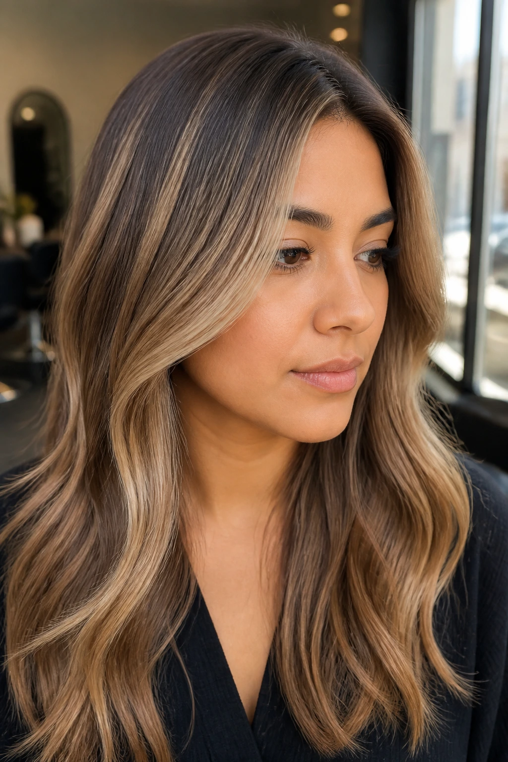 Portrait of a real woman with beige bronde sweep through top layers.