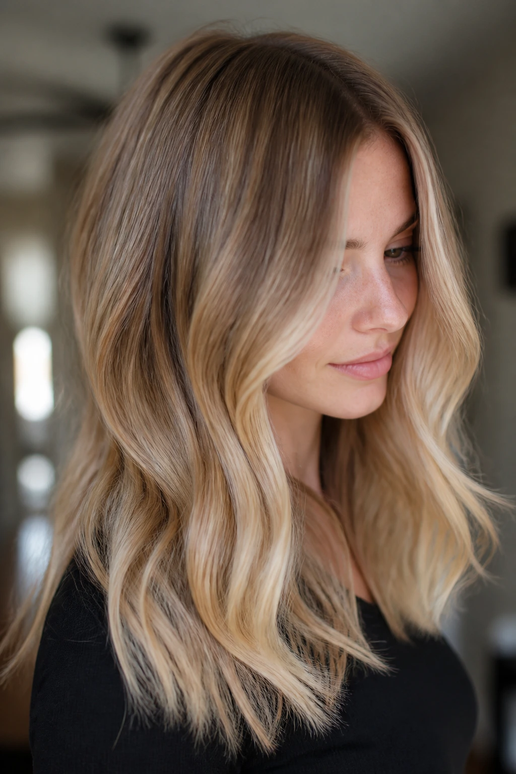 Beige caramel balayage on dark blonde hair close-up