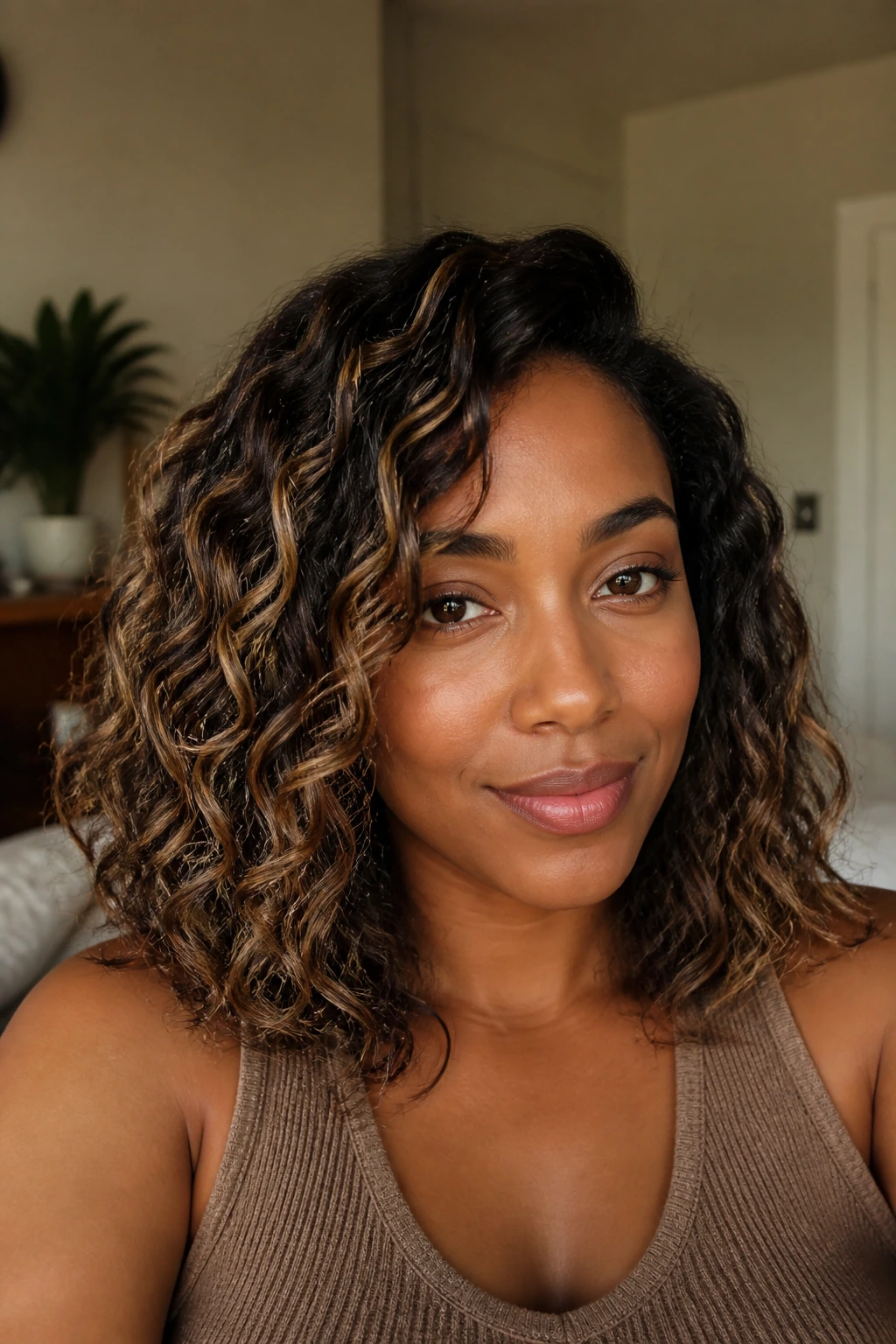 Close-up of curly lob with beige brown balayage ribbons through mid-lengths and ends