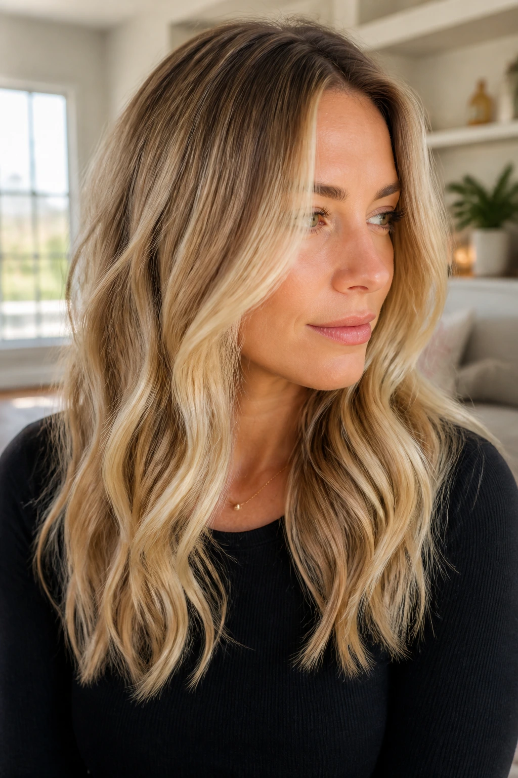 Close-up of beige-to-gold balayage on a real woman with soft waves
