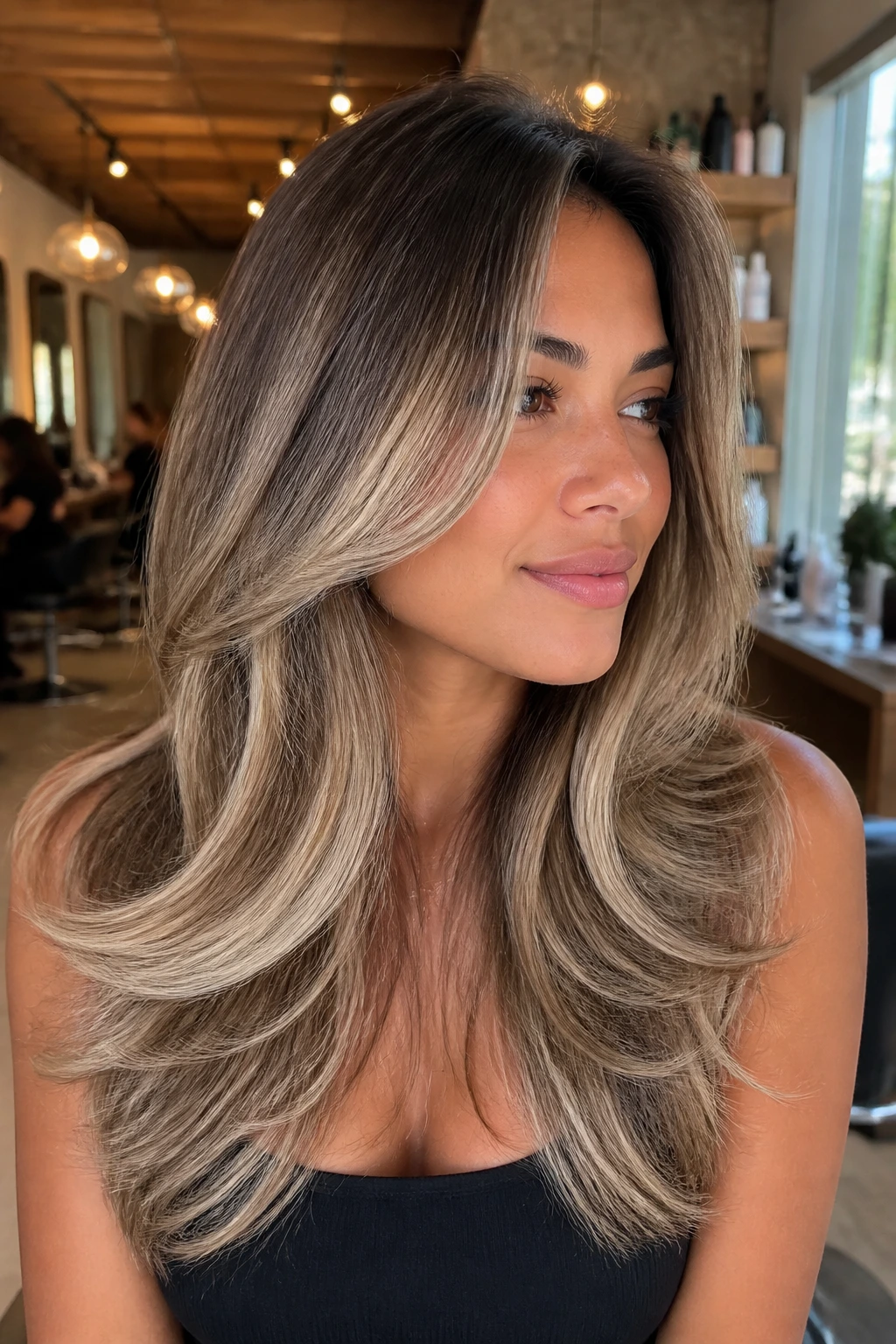 Close-up of layered hair with vanilla beige balayage on a real person