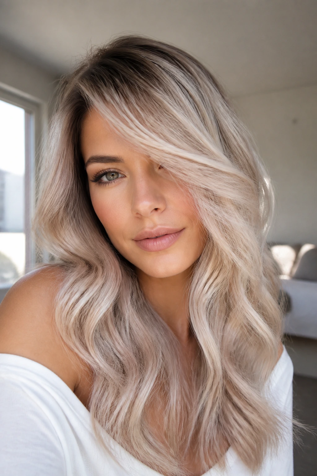Close-up of a real woman with moonstone beige balayage and side-swept bangs