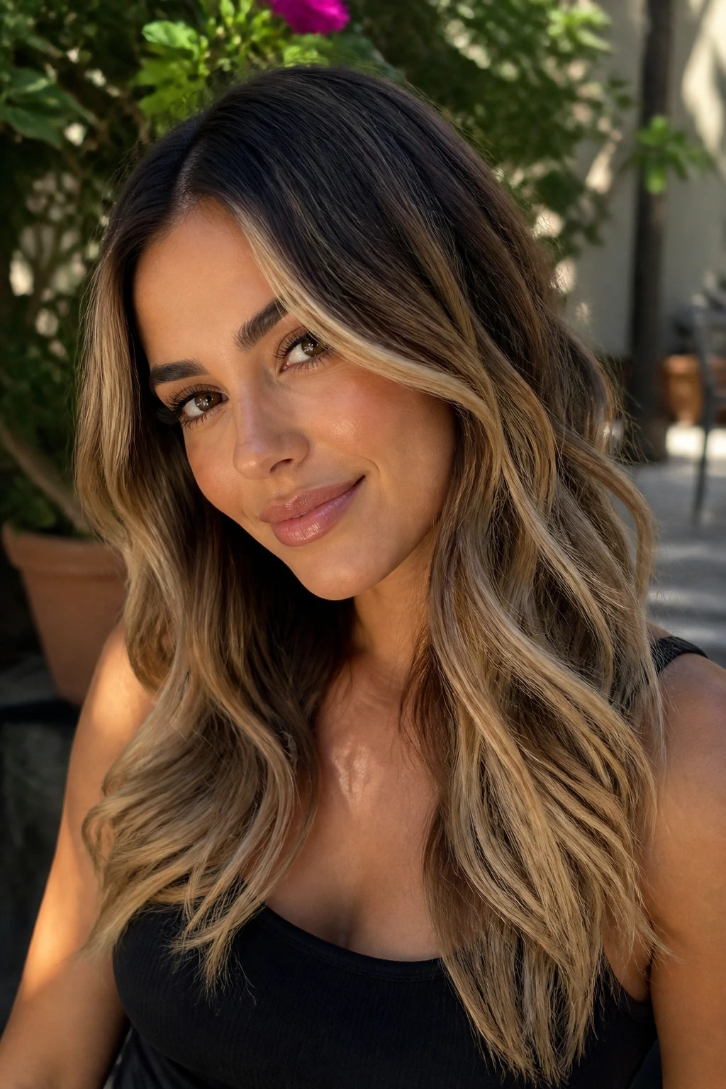 Portrait of a real person with biscotti beige balayage