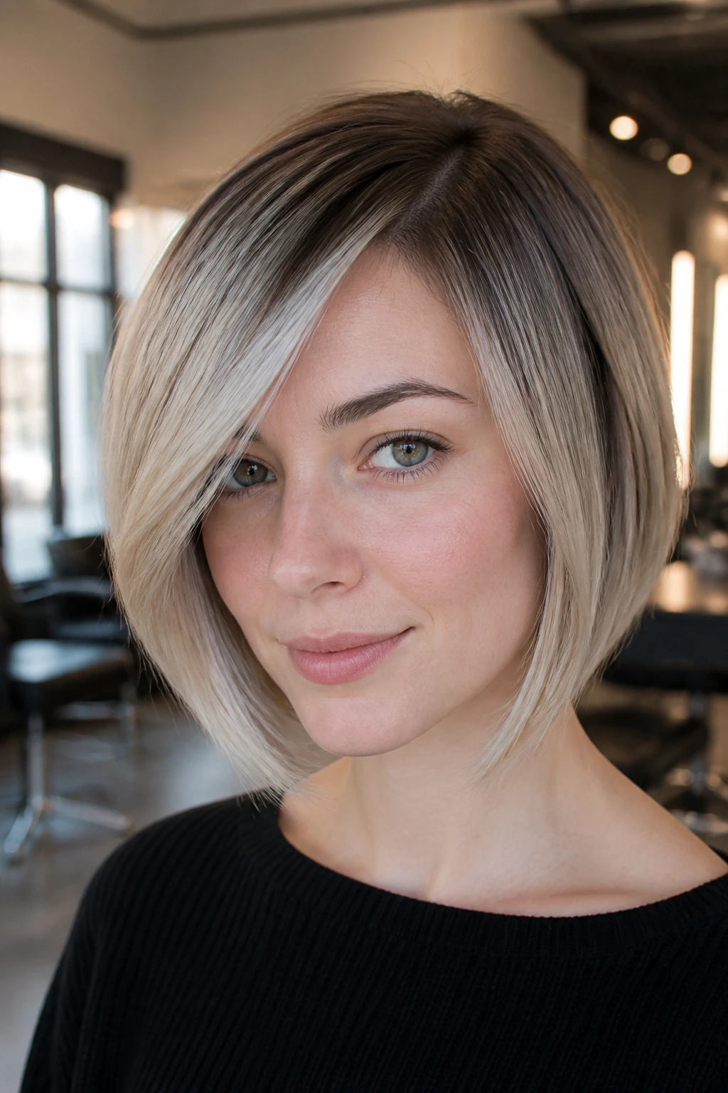 Portrait of a real woman with icy beige balayage on bob.
