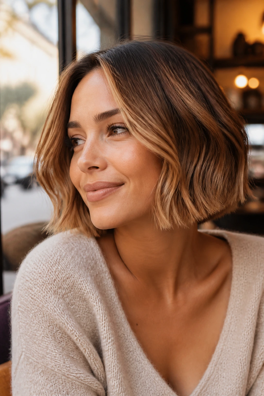 Close-up of a real woman with a chin-length warm balayage French bob and soft waves.