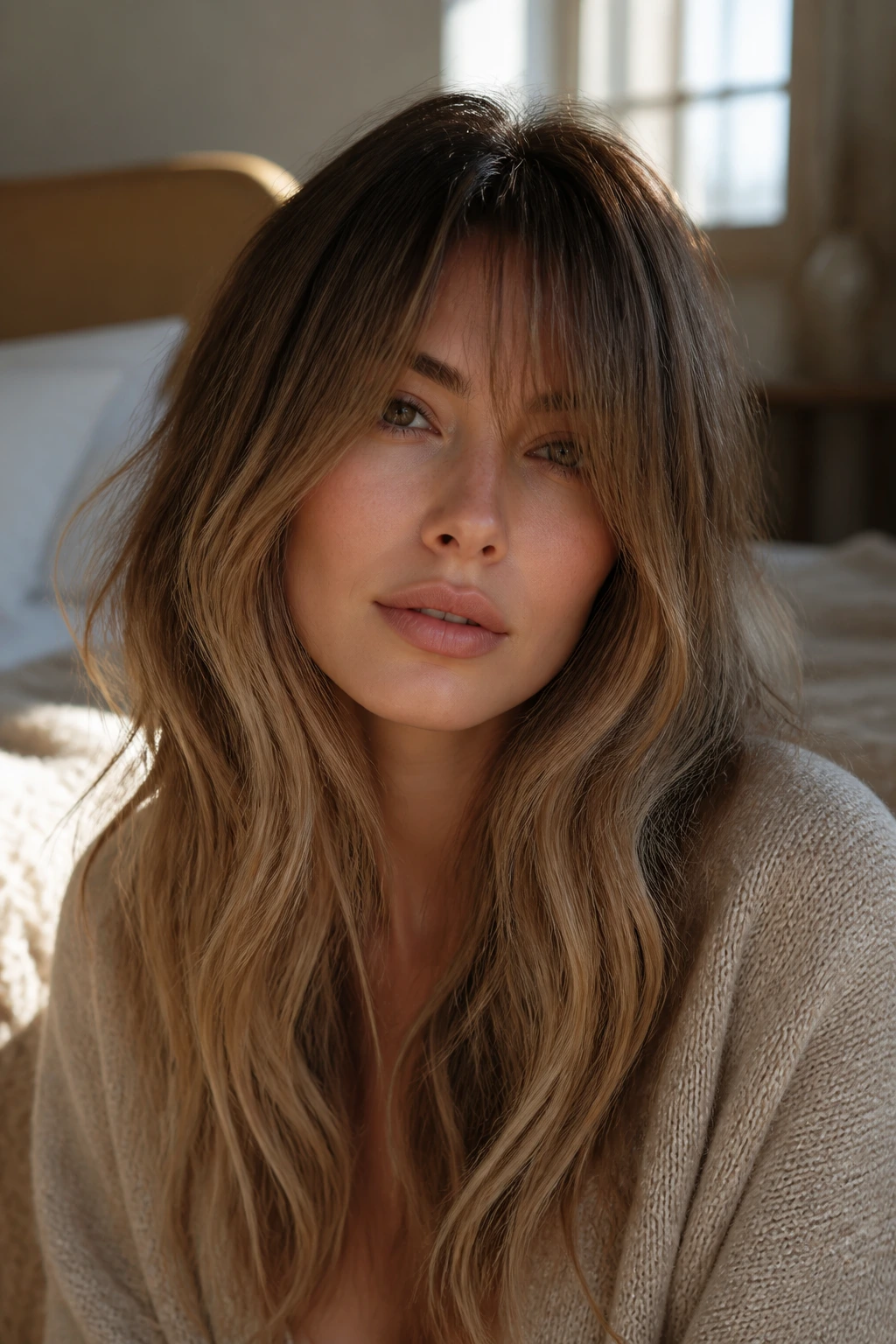 Close-up portrait of a real person with smudged root bronde and long bangs.