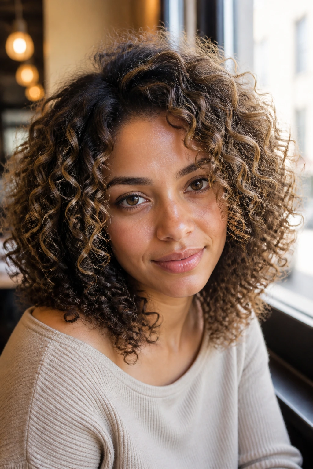 Close-up of curly hair with halo balayage around the crown