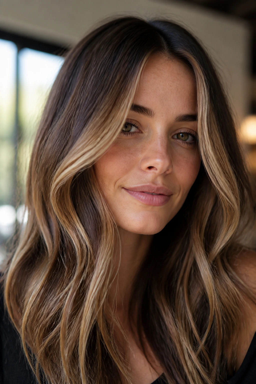 Close-up of a real woman's hair showing a soft bronde fade and face-frame pieces
