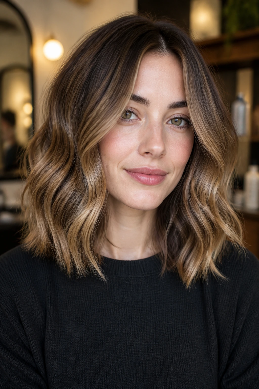Portrait of brunette with bronde balayage and shoulder-skimming waves.