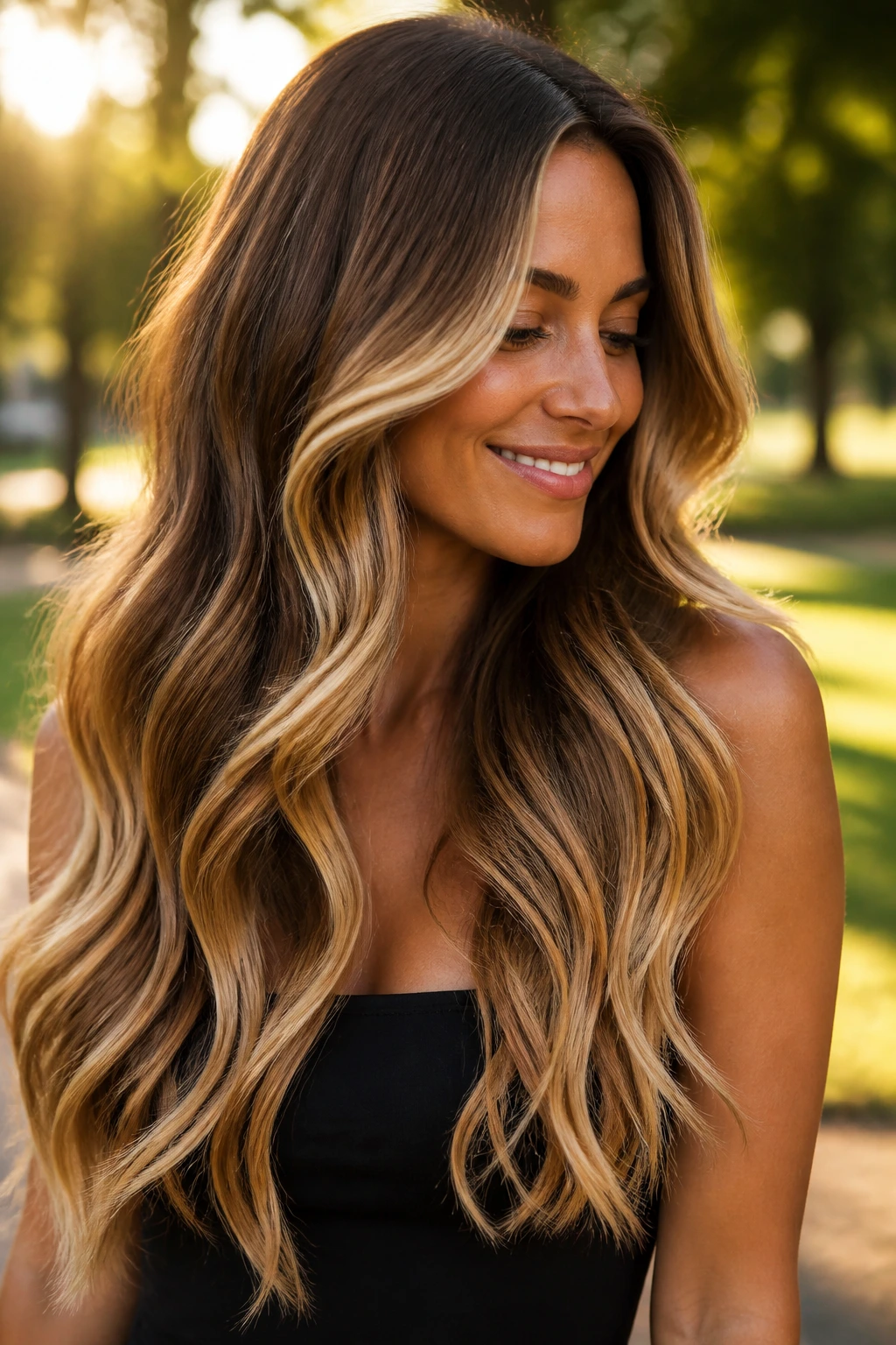 Long wavy hair with bronze-to-butter balayage cascade on a real person in golden hour light