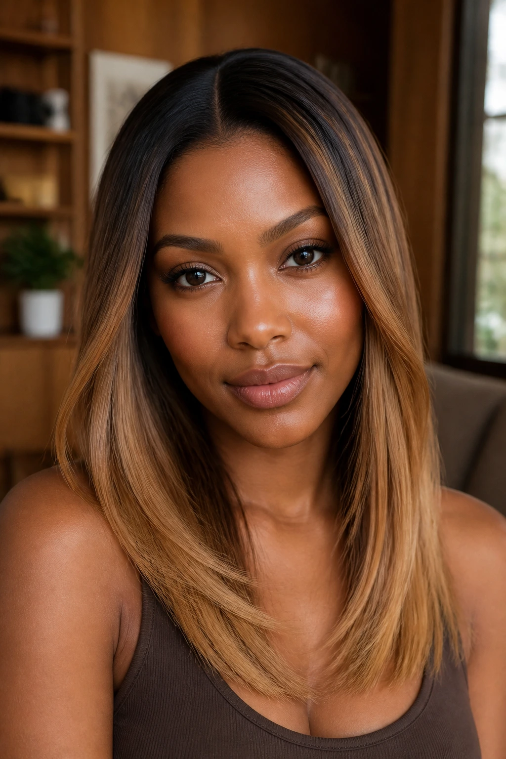 Portrait of a real woman with bronze-to-honey balayage and a dark root frame in warm light.
