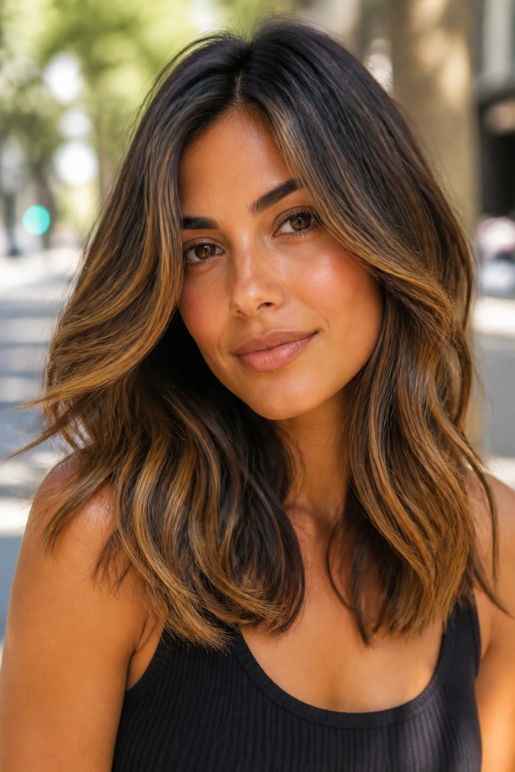 Real woman with bronze ribbon balayage through mid-lengths and ends.