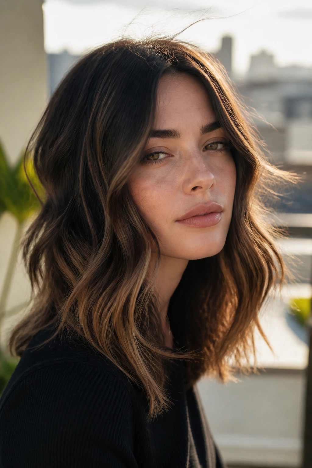 Real woman with chocolate buttercream balayage on medium waves, brunette with lighter ribbons.