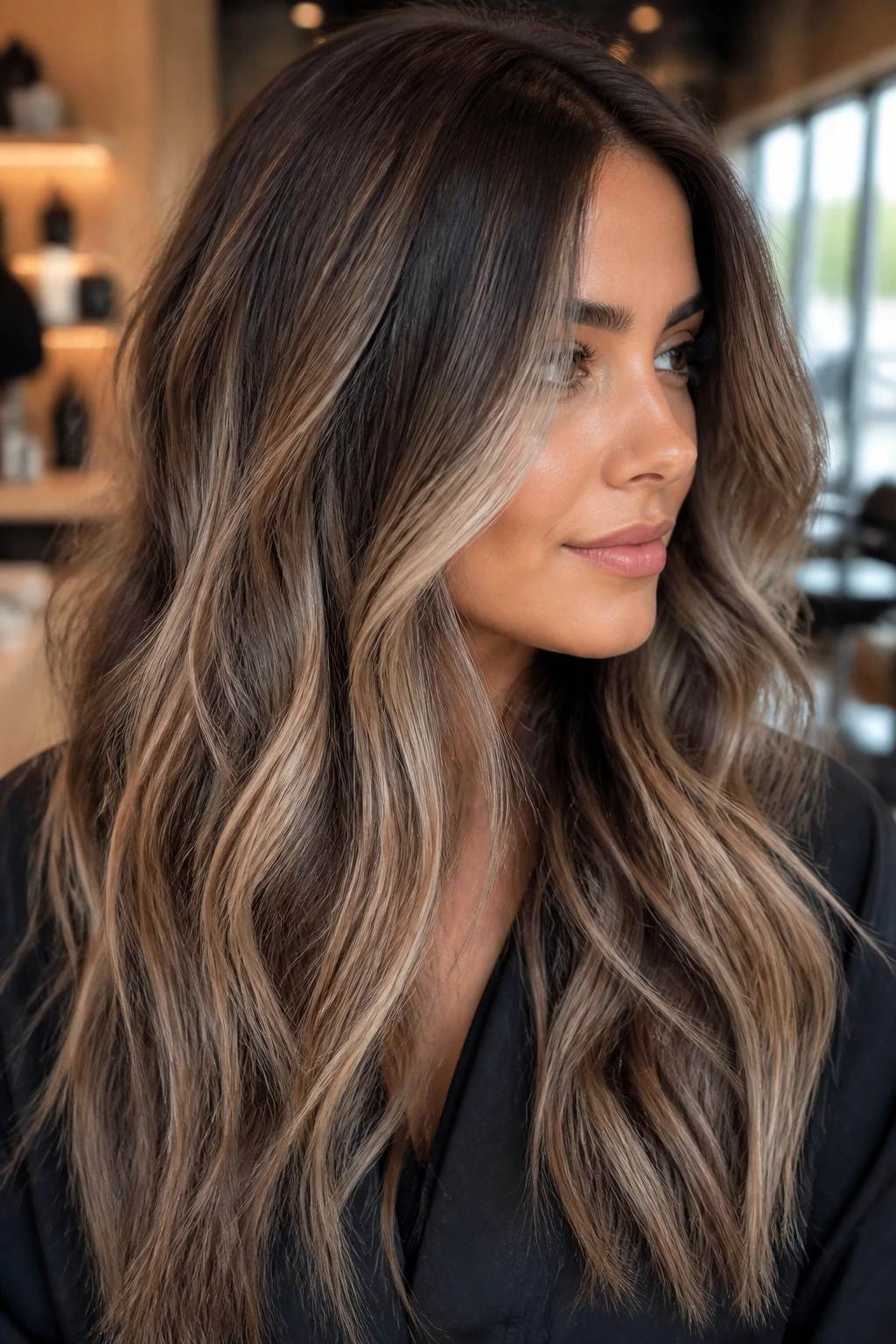 Close-up of brunette hair with smoky beige bronde balayage framing the face