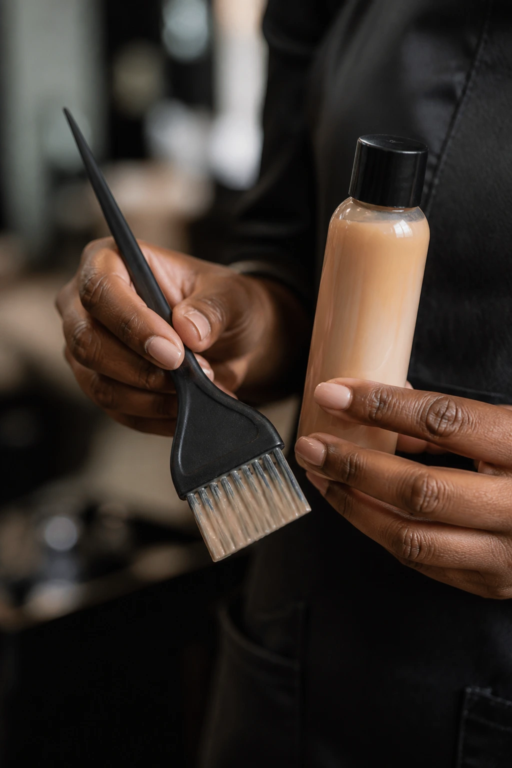 Hands holding color tools in a salon setting.