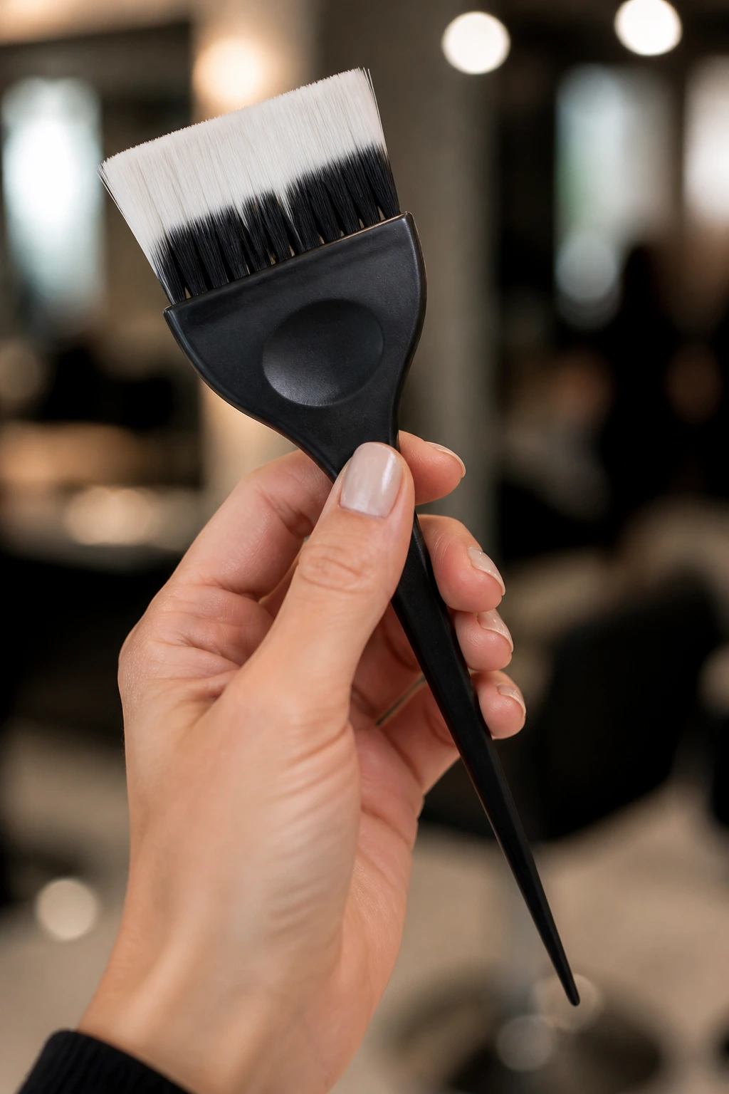 Extreme close-up of balayage brush held by stylist in a salon