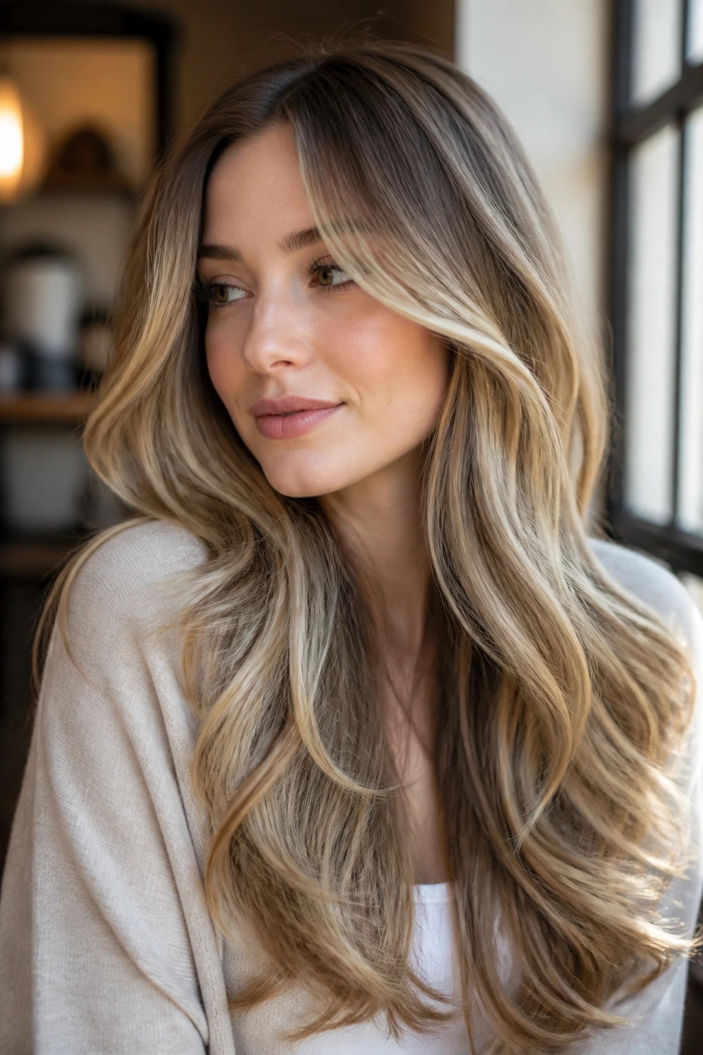 Portrait of woman with buttercream ribbon layers balayage