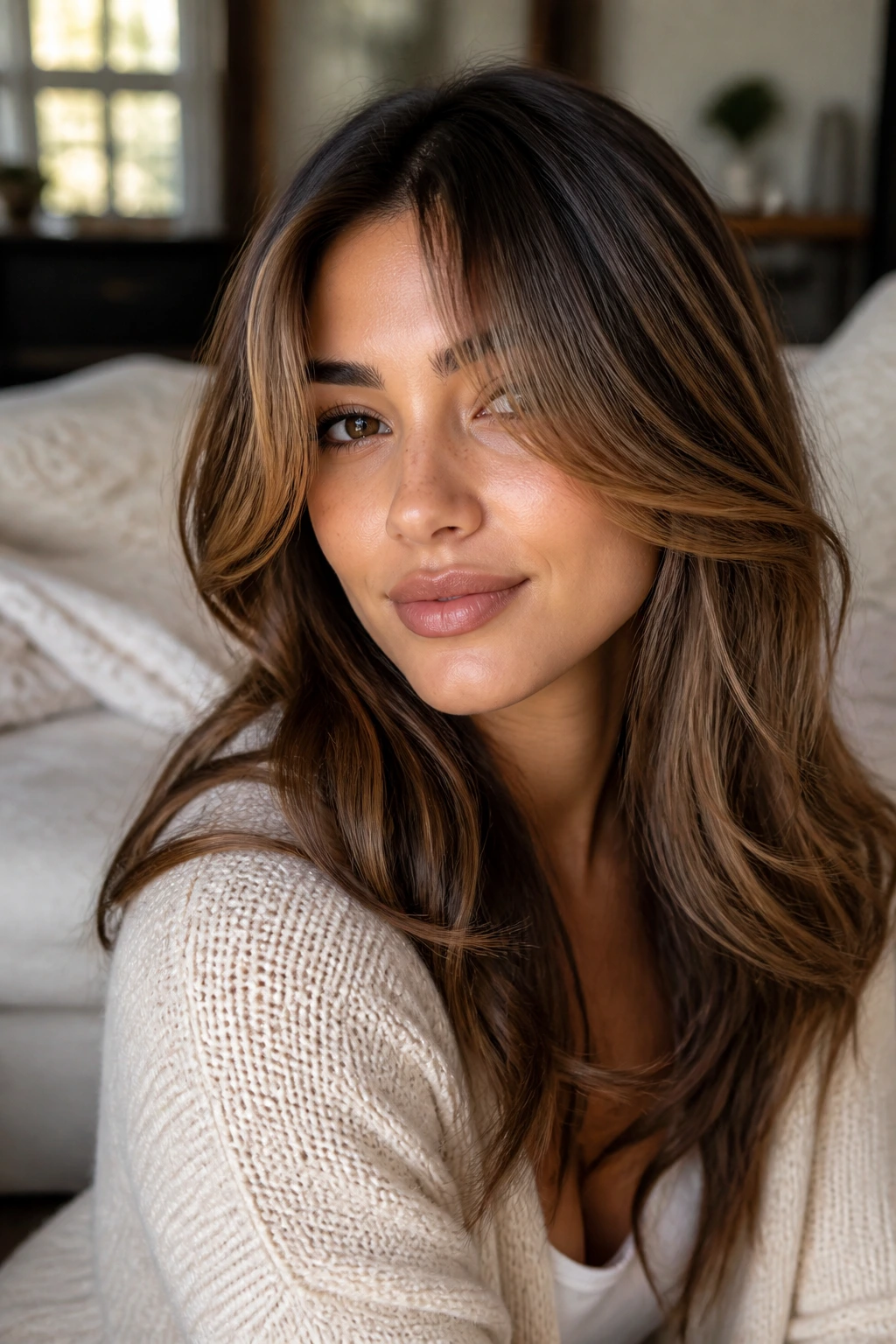 Close-up of a real woman with butterscotch curtain bangs and warm highlights
