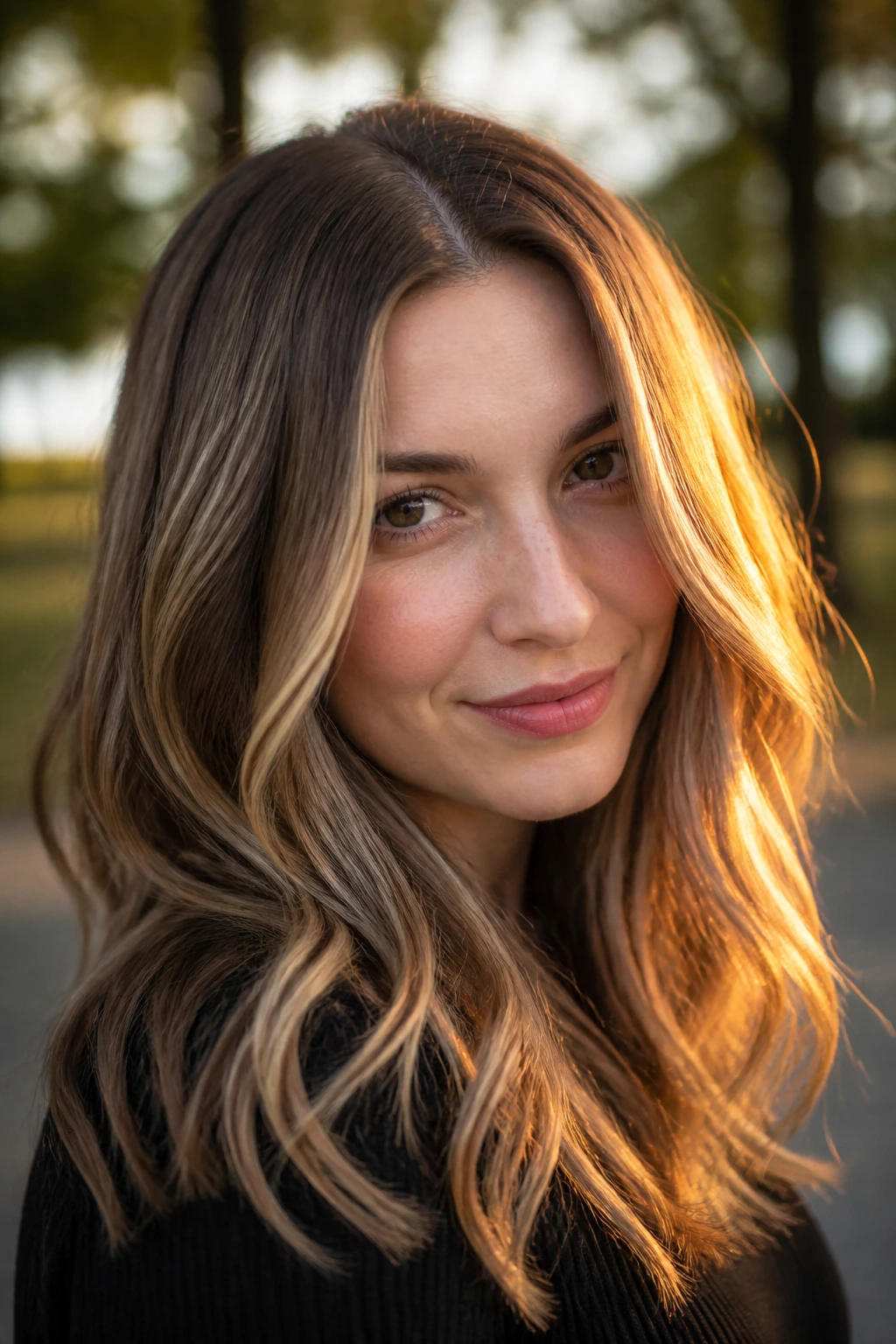 Portrait with balayage butterscotch on light brown base in golden hour