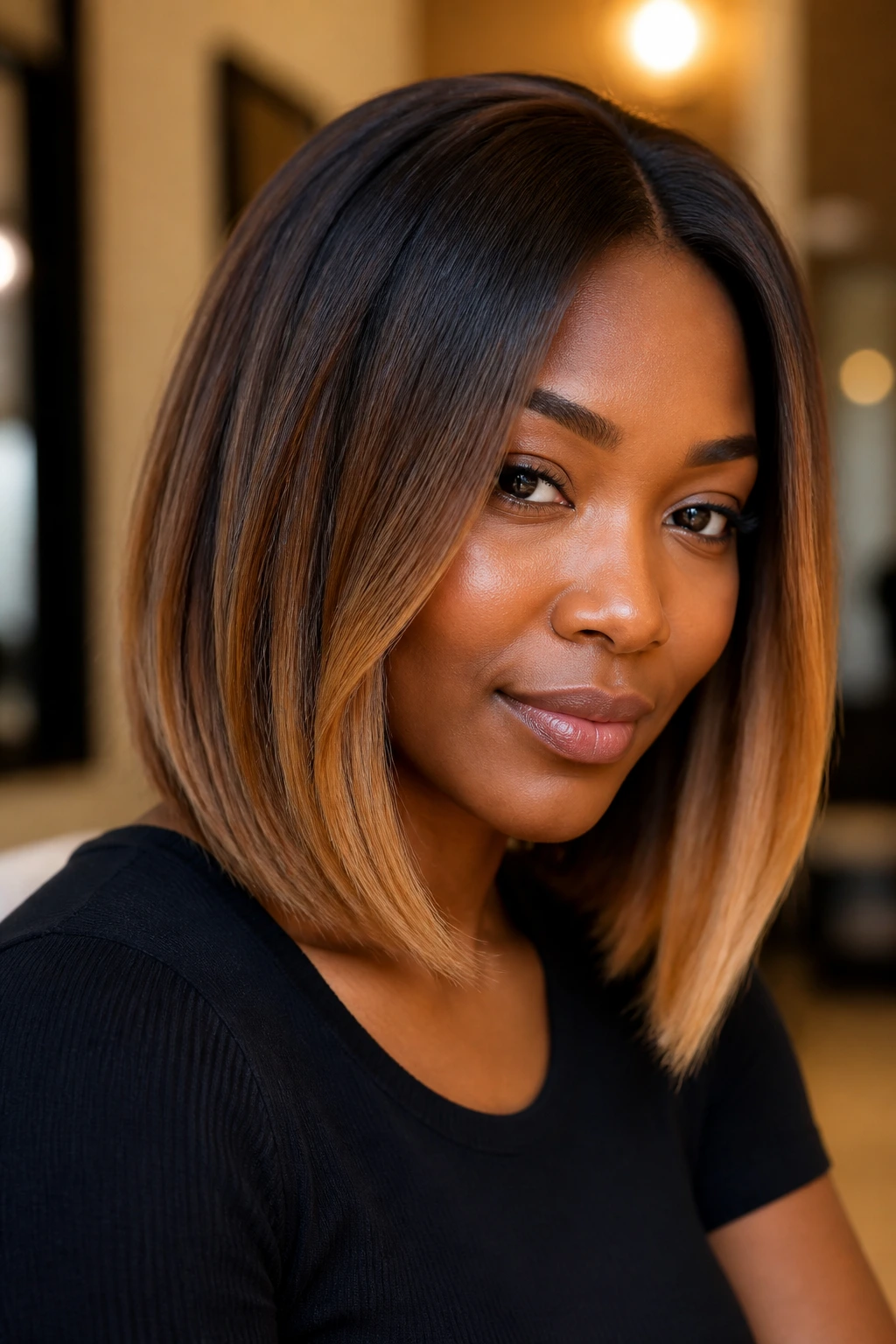 Butterscotch balayage on a blunt lob framing the face of a deep-skinned model.