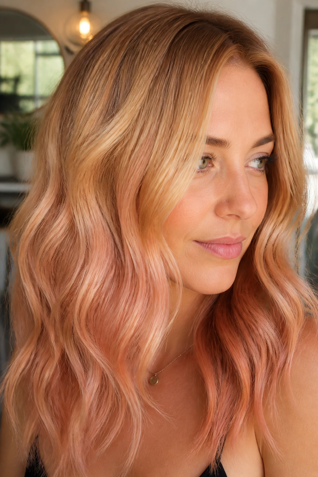 Portrait of a real woman with butterscotch strawberry balayage in soft window light.