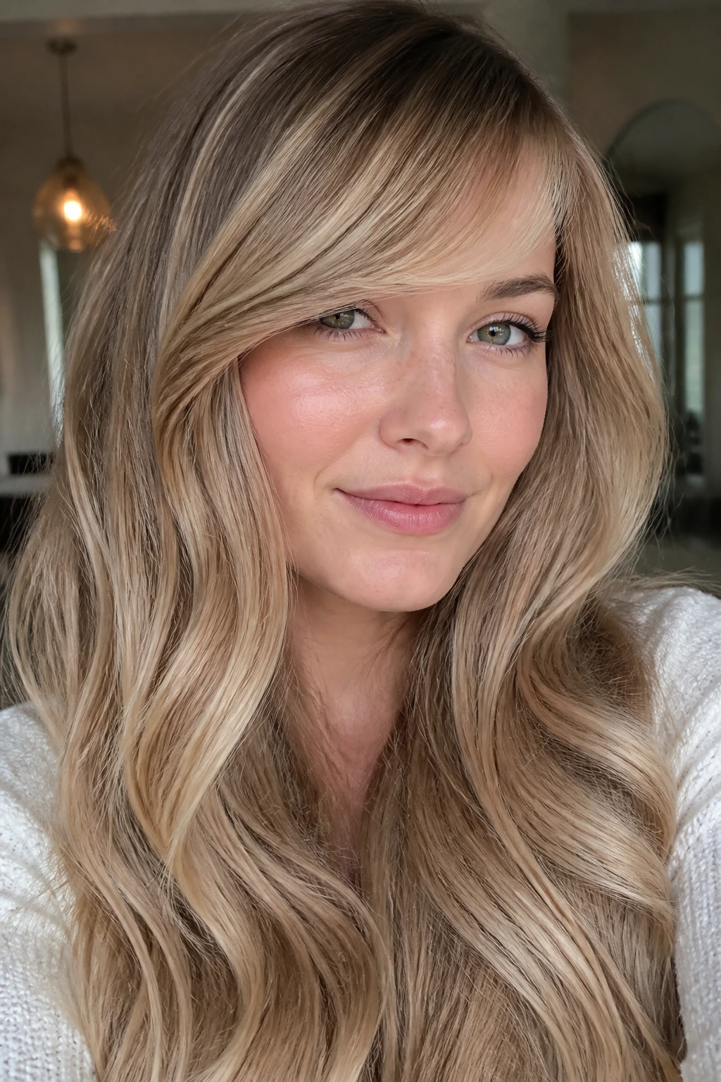 Portrait of a woman with buttery neutral balayage and side-swept bangs