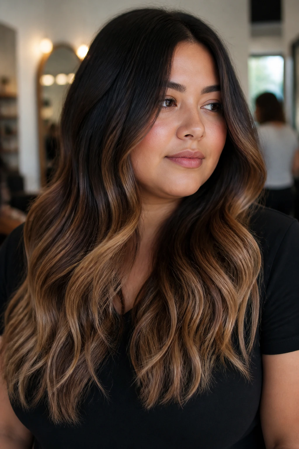 Portrait of balayage starting below the widest part of the face in camel tones