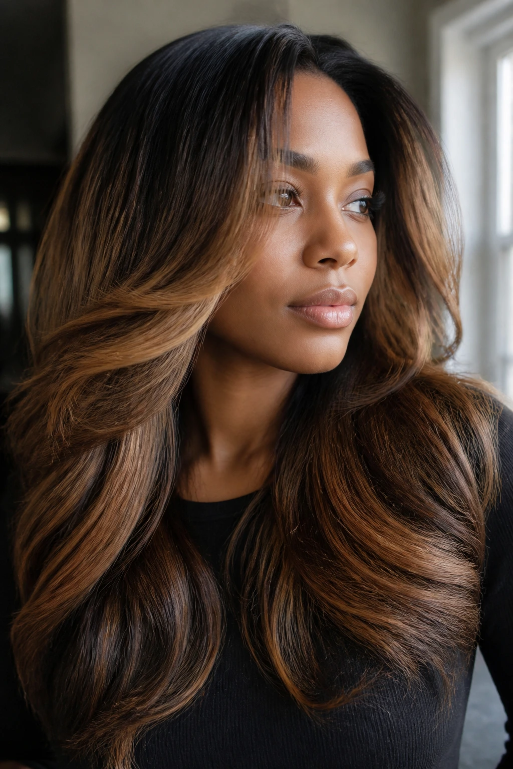 Blowout with caramel balayage ribbons visible along lengths.